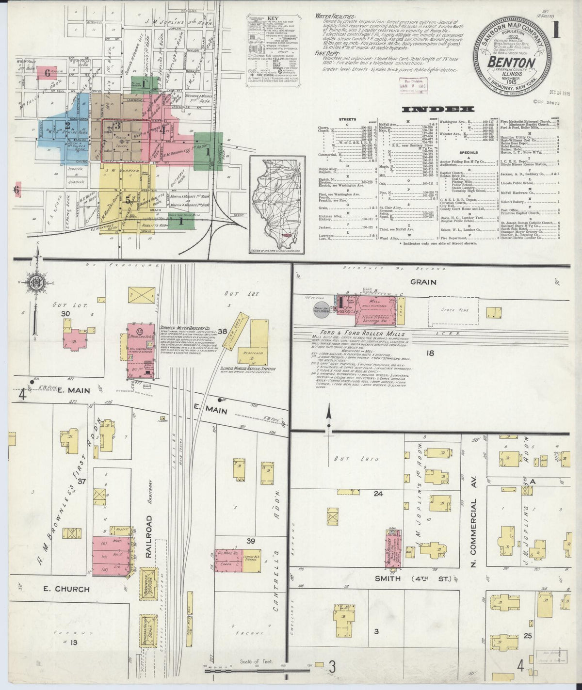 Sanborn Fire Insurance Map from Benton, Franklin County, Illinois (1915), Sheet #0001 - Historic Sanborn Fire Insurance Map Print, vintage old map wall art, antique decor, genealogy gift, Illinois Illinois map