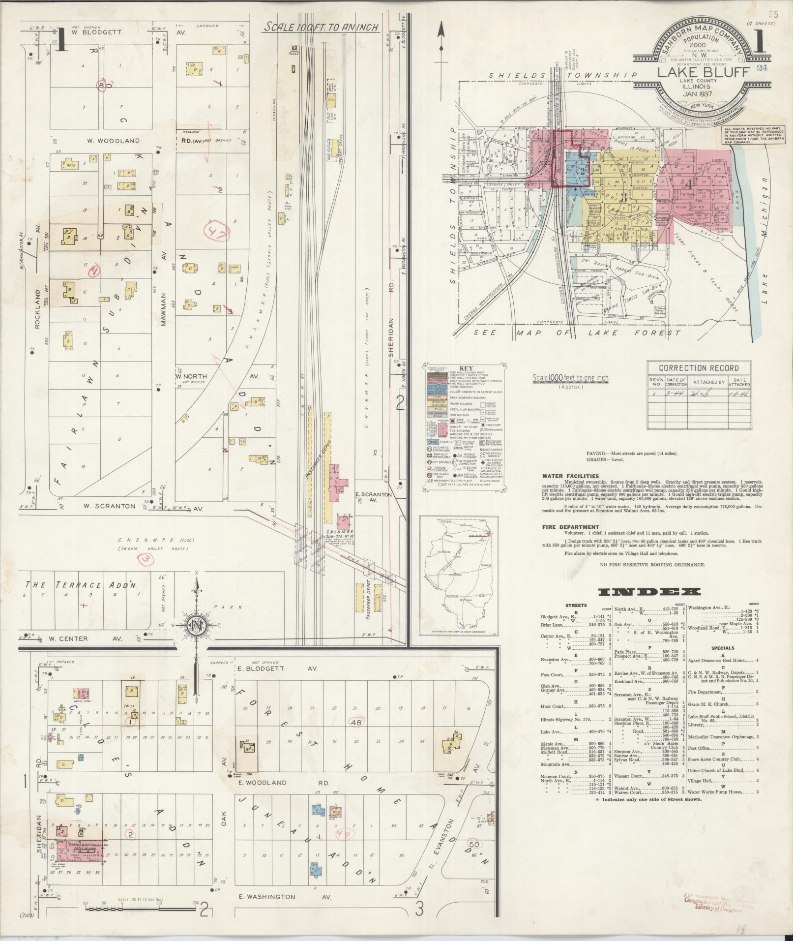Sanborn Fire Insurance Map from Lake Bluff, Lake County, Illinois (1944), Sheet #0001 - Complete Map Set gallery image, historic Sanborn map, vintage wall art, Illinois Illinois
