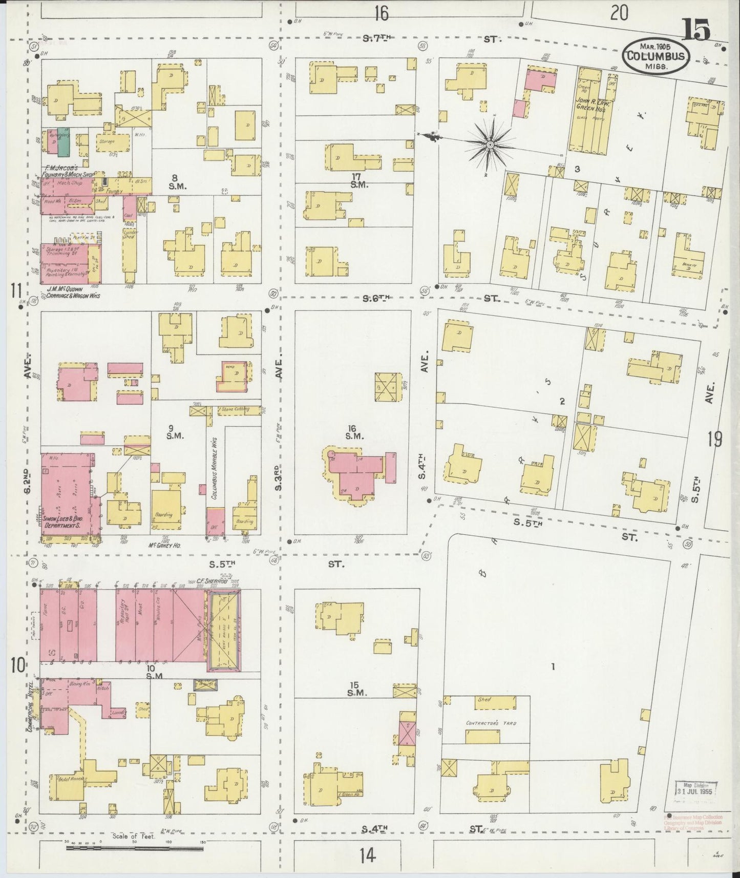 Sanborn Fire Insurance Map from Columbus, Lowndes County, Mississippi (1905), Sheet #0015 - Historic Sanborn Fire Insurance Map Print, vintage old map wall art, antique decor, genealogy gift, Mississippi Mississippi map