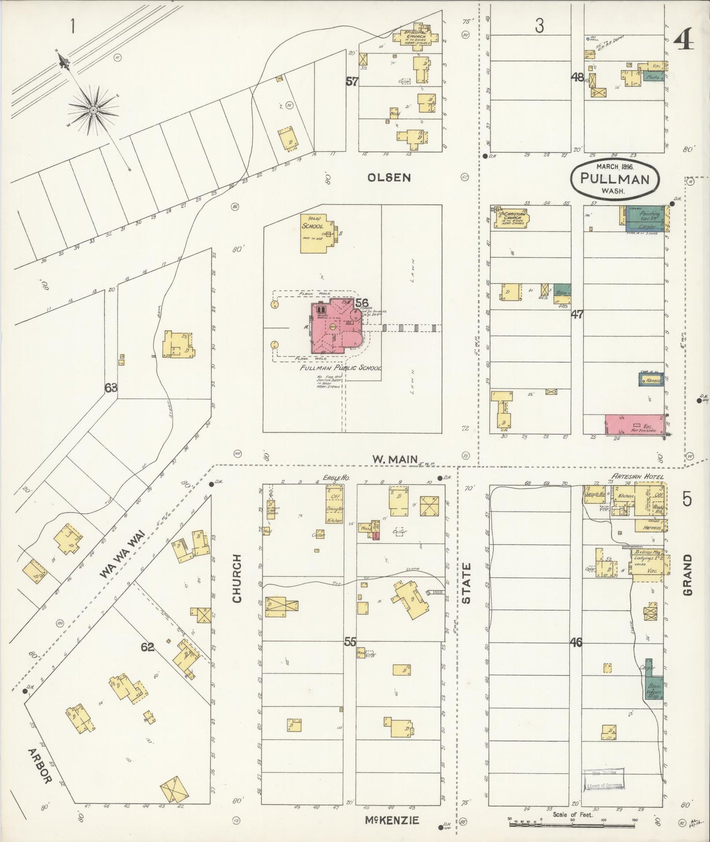 Sanborn Fire Insurance Map from Pullman, Whitman County, Washington (1896), Sheet #0004 - Complete Map Set gallery image, historic Sanborn map, vintage wall art, Washington Washington