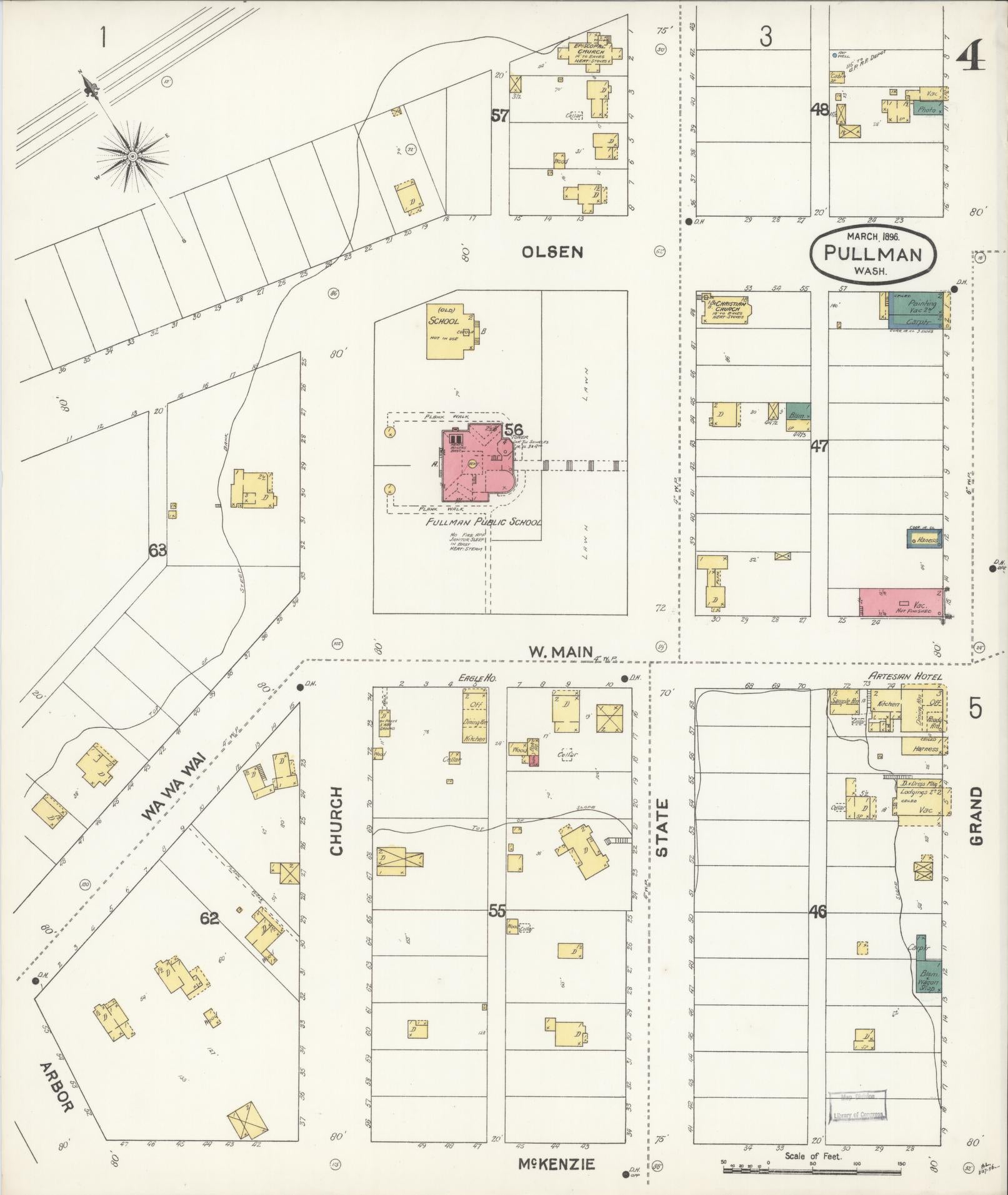 Sanborn Fire Insurance Map from Pullman, Whitman County, Washington (1896), Sheet #0004 - Complete Map Set gallery image, historic Sanborn map, vintage wall art, Washington Washington