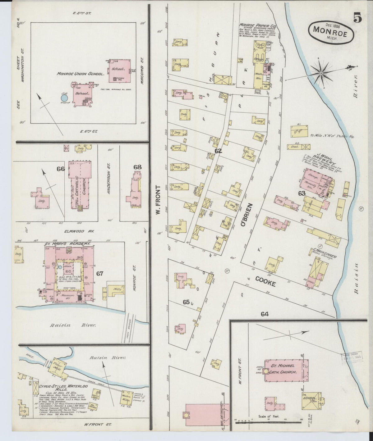 Sanborn Fire Insurance Map from Monroe, Monroe County, Michigan (1888), Sheet #0005 - Historic Sanborn Fire Insurance Map Print, vintage old map wall art, antique decor, genealogy gift, Michigan Michigan map