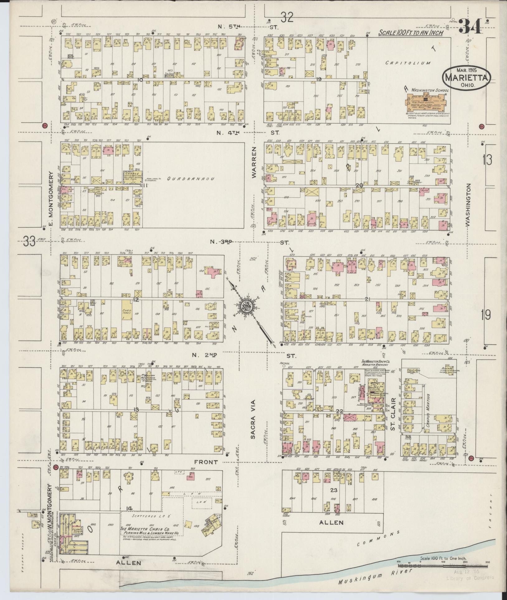 Sanborn Fire Insurance Map from Marietta, Washington County, Ohio (1915), Sheet #0034 - Historic Sanborn Fire Insurance Map Print, vintage old map wall art, antique decor, genealogy gift, Ohio Ohio map