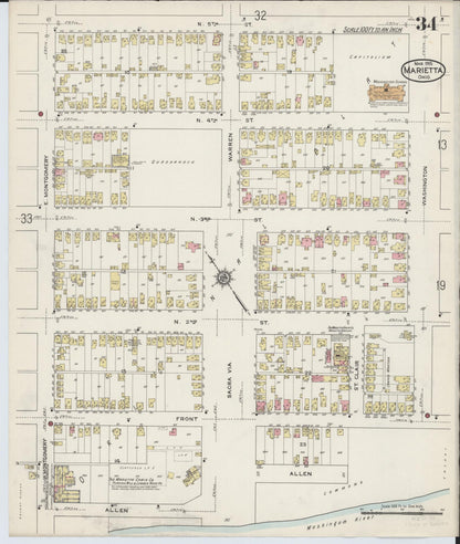 Sanborn Fire Insurance Map from Marietta, Washington County, Ohio (1915), Sheet #0034 - Historic Sanborn Fire Insurance Map Print, vintage old map wall art, antique decor, genealogy gift, Ohio Ohio map