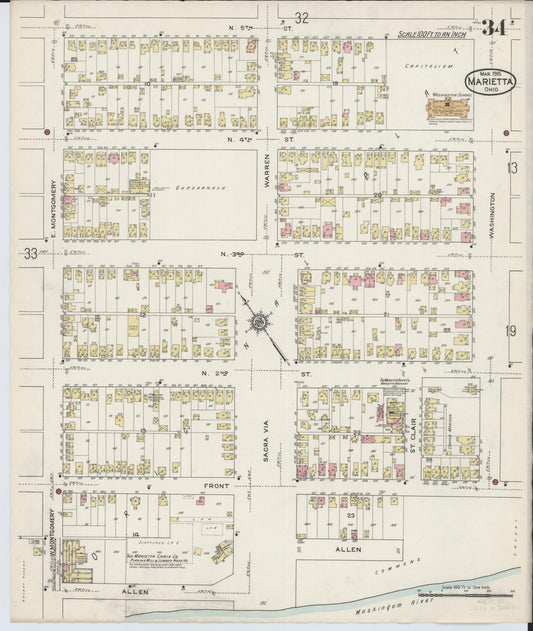 Sanborn Fire Insurance Map from Marietta, Washington County, Ohio (1915), Sheet #0034 - Historic Sanborn Fire Insurance Map Print, vintage old map wall art, antique decor, genealogy gift, Ohio Ohio map