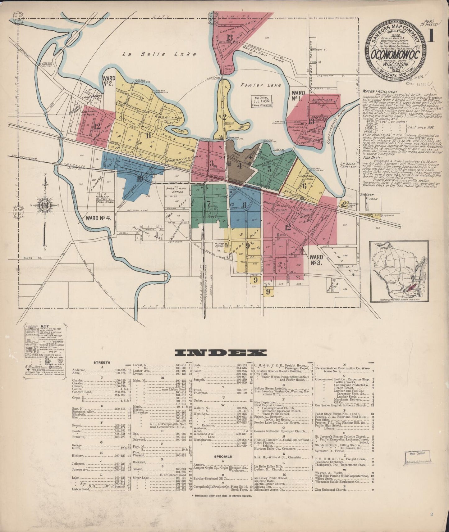 Sanborn Fire Insurance Map from Oconomowoc, Waukesha County, Wisconsin (1922), Sheet #0001 - Complete Map Set gallery image, historic Sanborn map, vintage wall art, Wisconsin Wisconsin