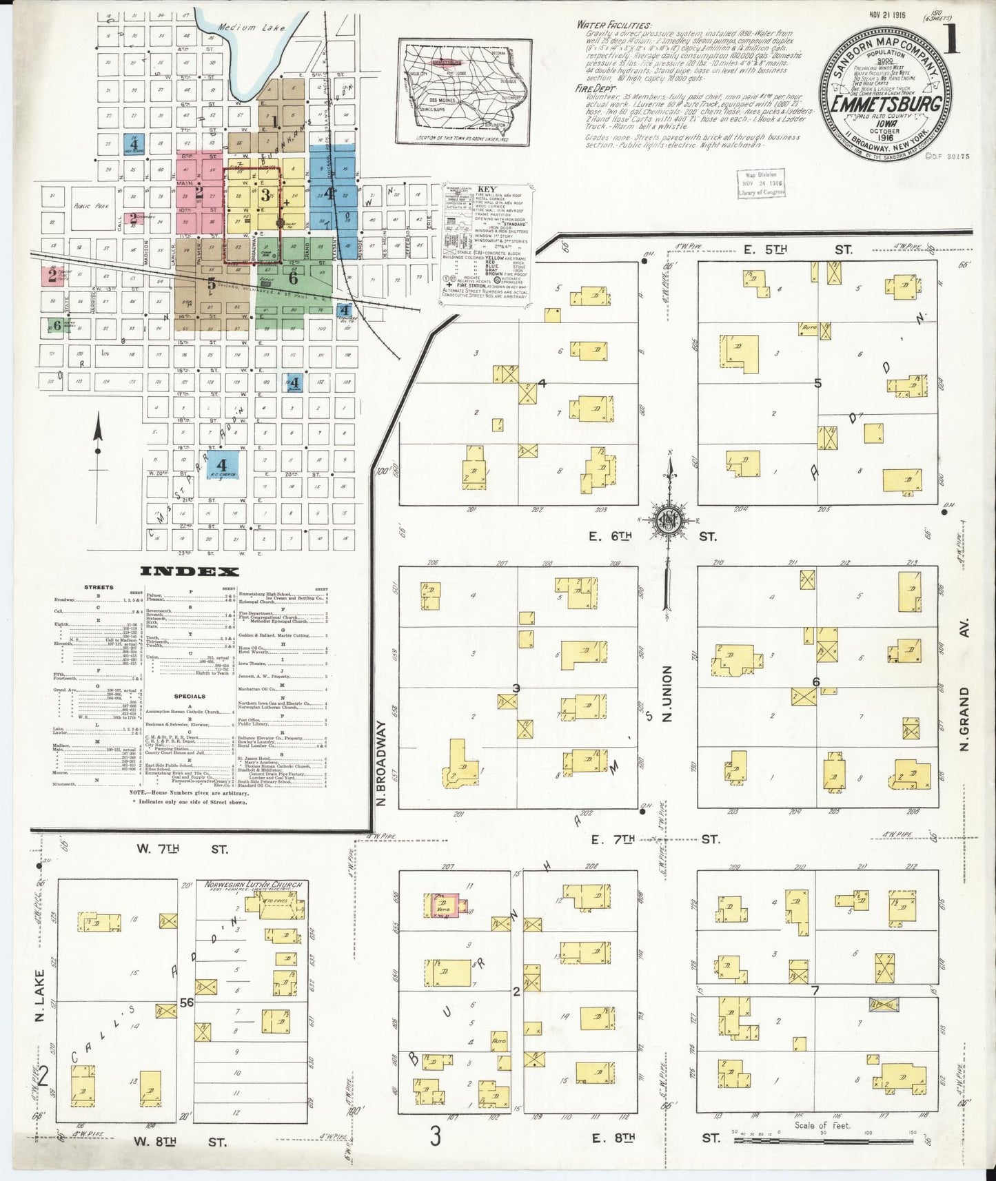 Sanborn Fire Insurance Map from Emmetsburg, Palo Alto County, Iowa (1916), Sheet #0001 - Historic Sanborn Fire Insurance Map Print, vintage old map wall art