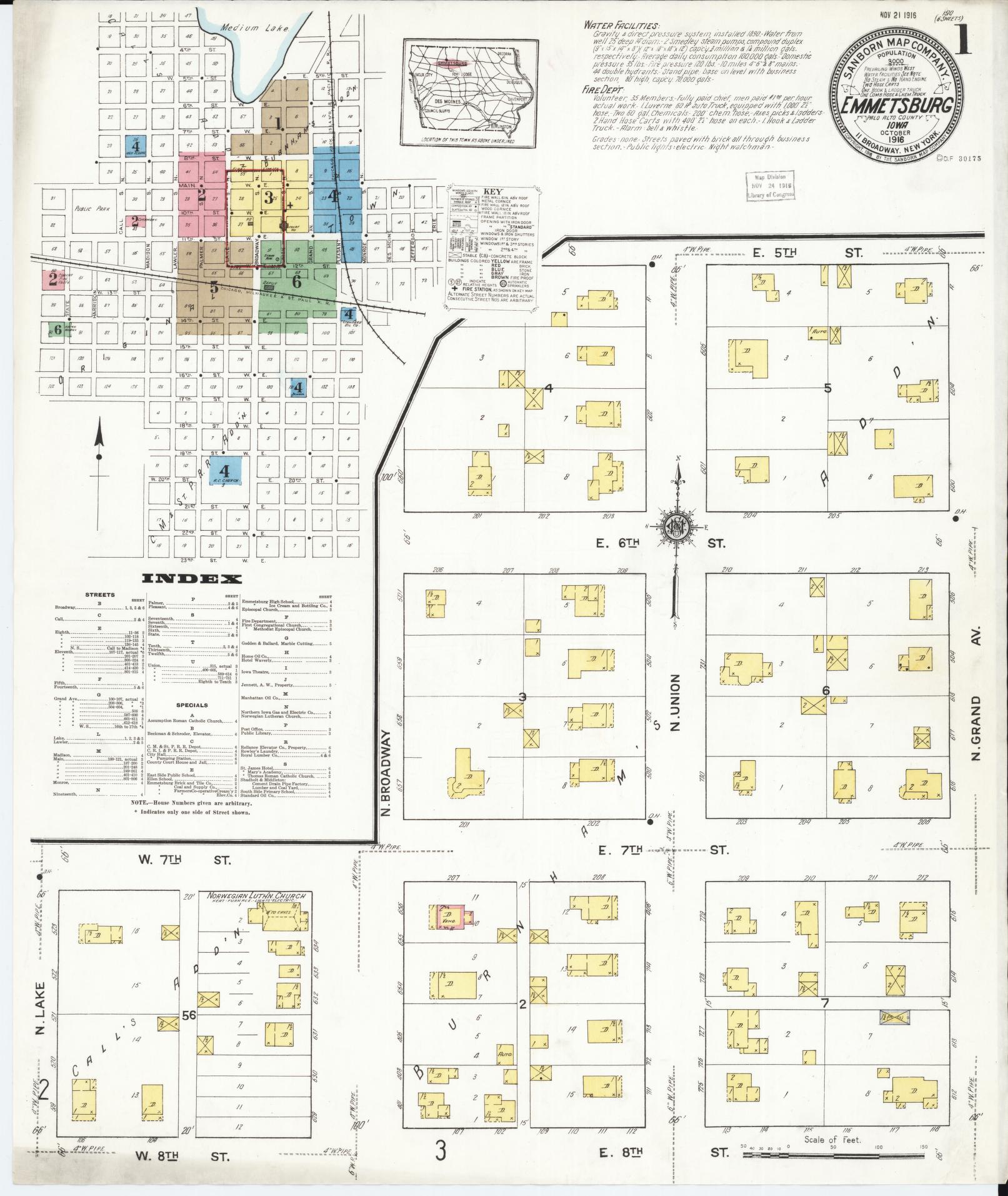 Sanborn Fire Insurance Map from Emmetsburg, Palo Alto County, Iowa (1916), Sheet #0001 - Historic Sanborn Fire Insurance Map Print, vintage old map wall art