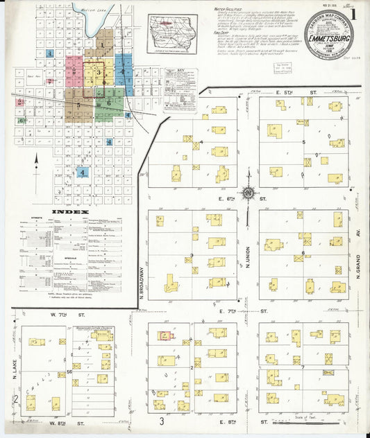 Sanborn Fire Insurance Map from Emmetsburg, Palo Alto County, Iowa (1916), Sheet #0001 - Historic Sanborn Fire Insurance Map Print, vintage old map wall art