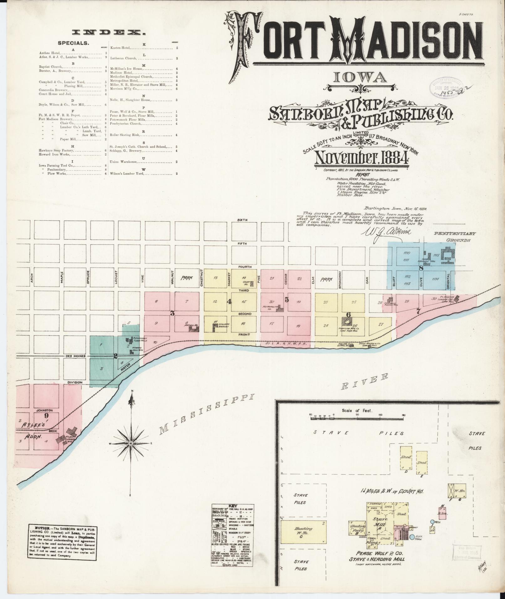 Sanborn Fire Insurance Map from Fort Madison, Lee County, Iowa (1884), Sheet #0001 - Historic Sanborn Fire Insurance Map Print, vintage old map wall art