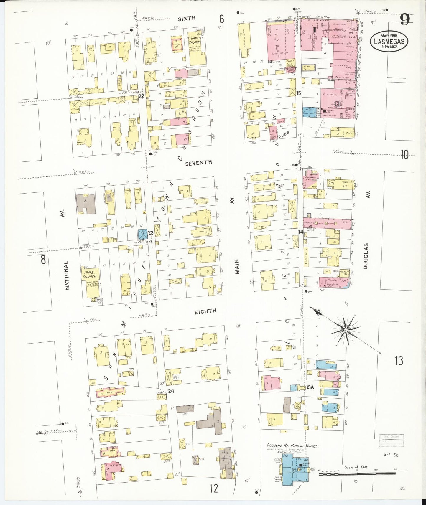 Sanborn Fire Insurance Map from Las Vegas, San Miguel County, New Mexico (1908), Sheet #0009 - Complete Map Set gallery image, historic Sanborn map, vintage wall art, New Mexico New Mexico