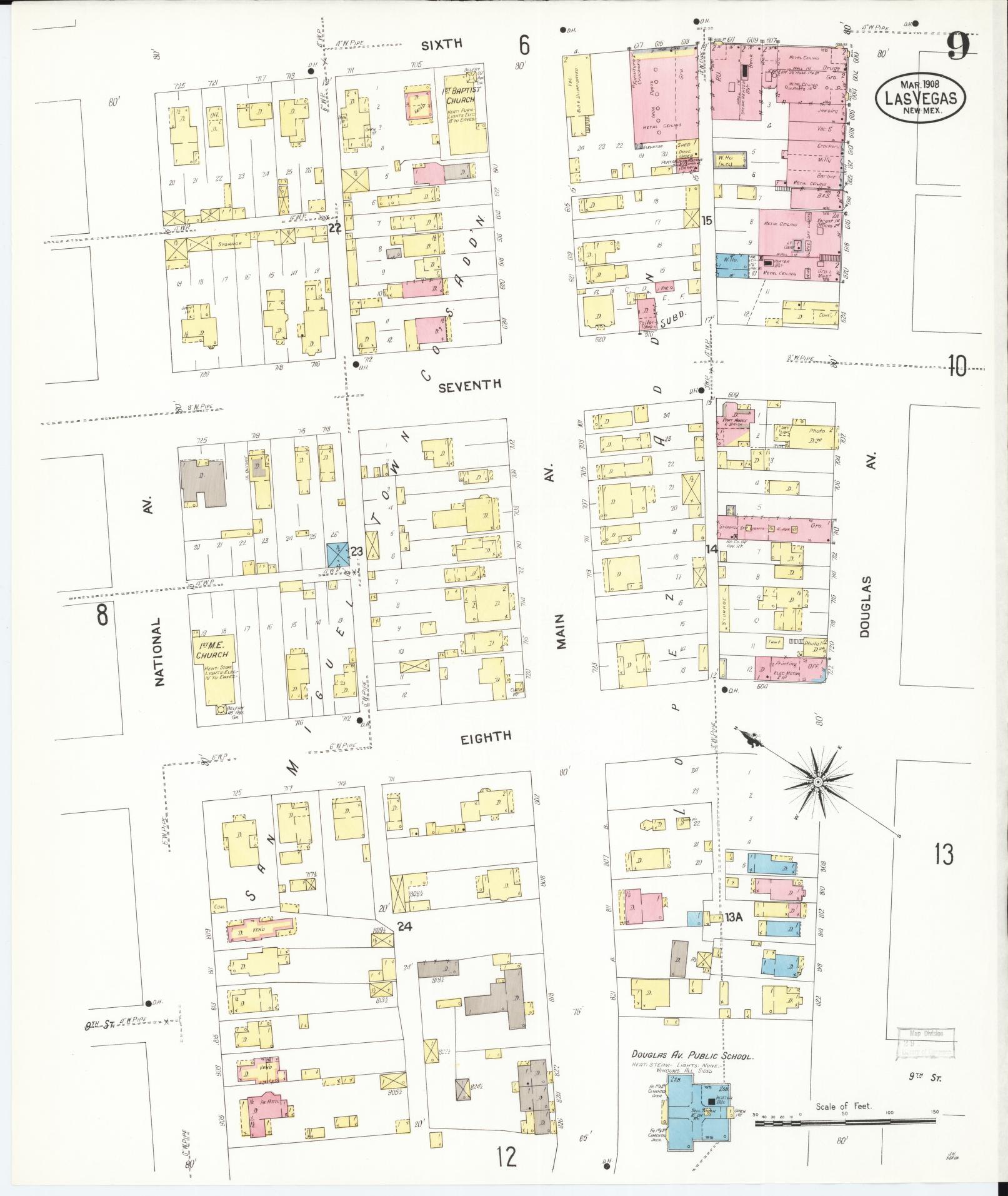 Sanborn Fire Insurance Map from Las Vegas, San Miguel County, New Mexico (1908), Sheet #0009 - Complete Map Set gallery image, historic Sanborn map, vintage wall art, New Mexico New Mexico