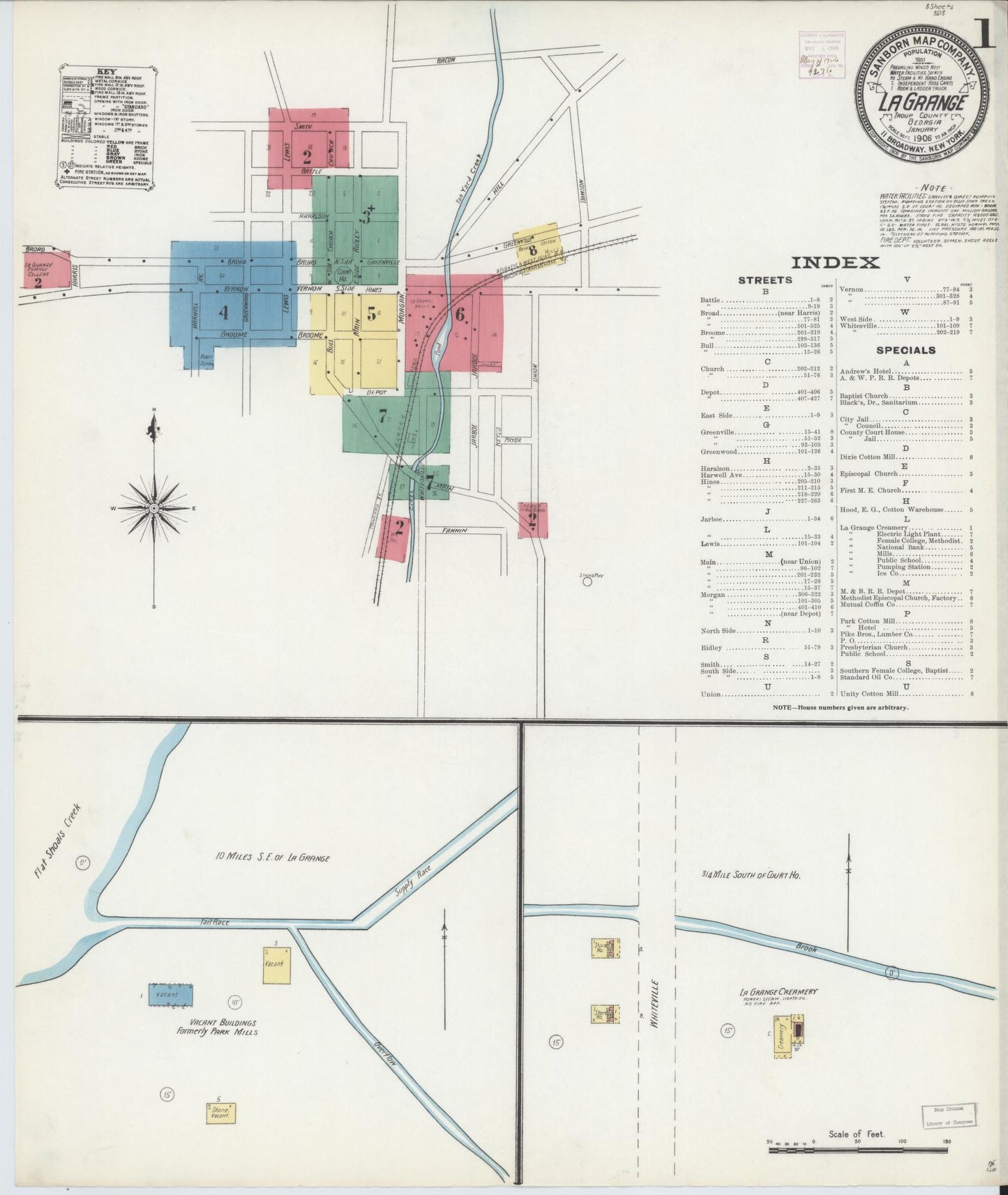Sanborn Fire Insurance Map from La Grange, Troup County, Georgia (1906), Sheet #0001 - Historic Sanborn Fire Insurance Map Print, vintage old map wall art, antique decor, genealogy gift, Georgia Georgia map