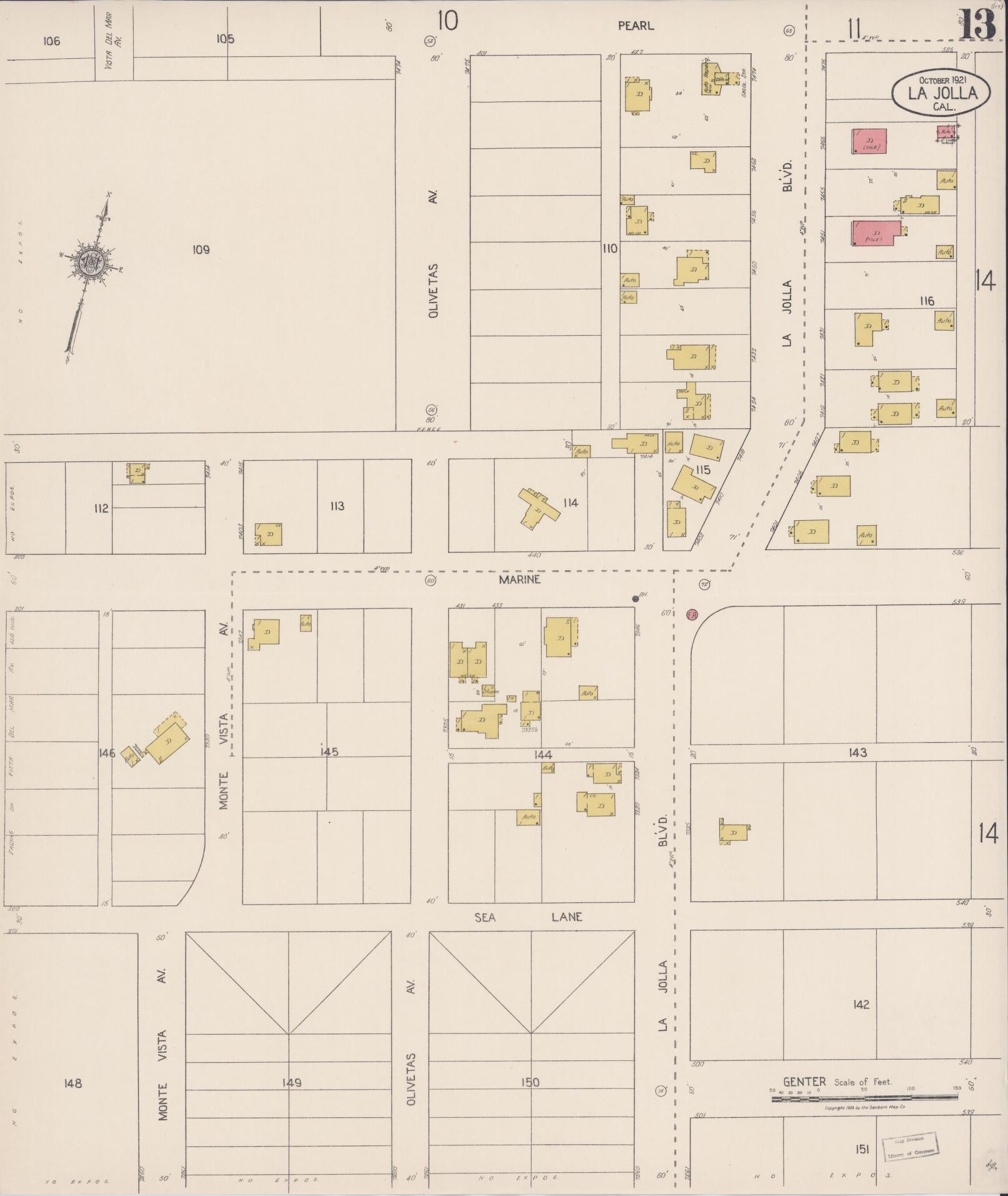 Sanborn Fire Insurance Map from La Jolla, San Diego County, California (1921), Sheet #0013 - Historic Sanborn Fire Insurance Map Print, vintage old map wall art, antique decor, genealogy gift, California California map
