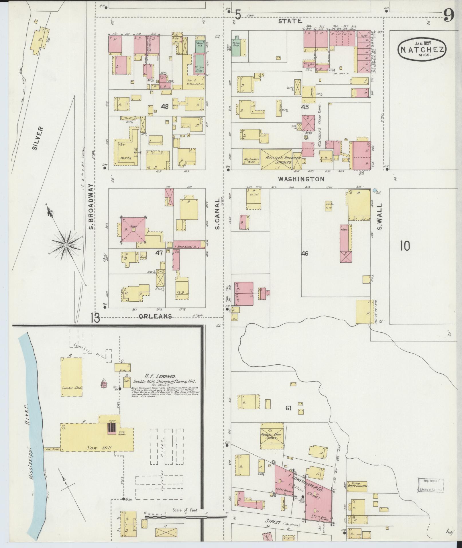 Sanborn Fire Insurance Map from Natchez, Adams County, Mississippi (1897), Sheet #0009 - Complete Map Set gallery image, historic Sanborn map, vintage wall art, Mississippi Mississippi