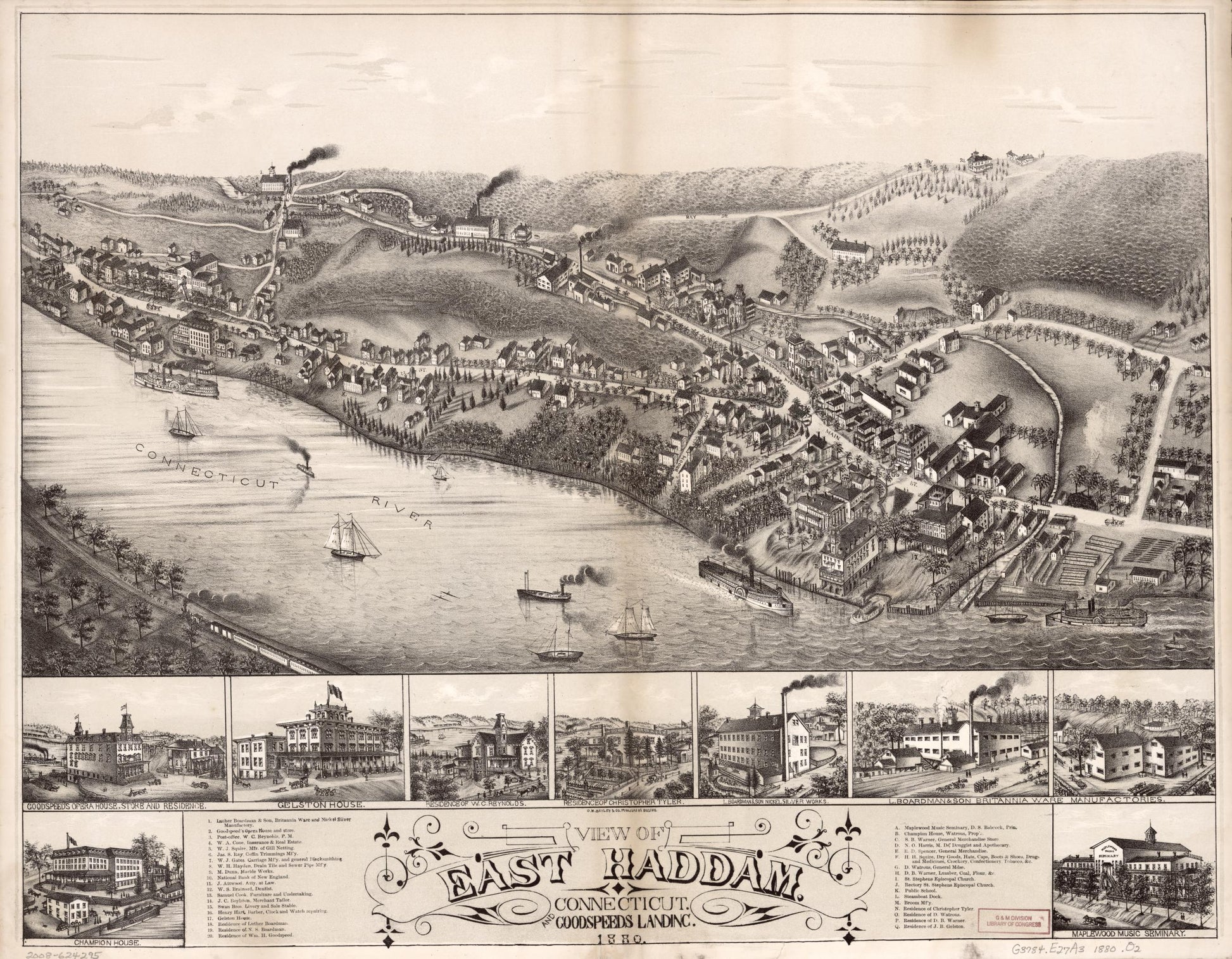 View of East Haddam, Connecticut, and Goodspeeds Landing : 1880. (1880) – Historic Bird’s-Eye View Panorama Print