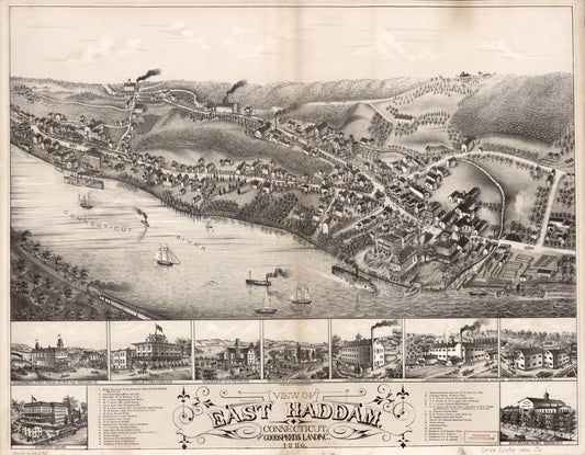 View of East Haddam, Connecticut, and Goodspeeds Landing : 1880. (1880) – Historic Bird’s-Eye View Panorama Print