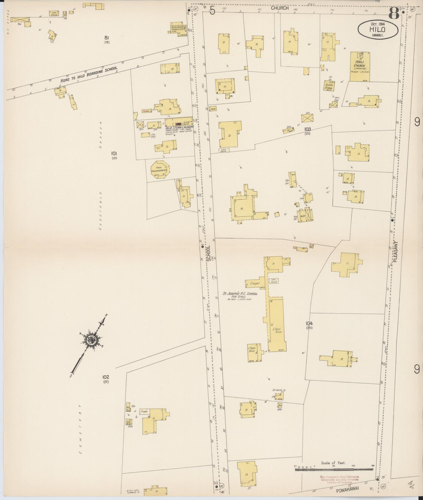 Sanborn Fire Insurance Map from Hilo, Hawaii County, Hawaii (1914), Sheet #0008 - Historic Sanborn Fire Insurance Map Print, vintage old map wall art