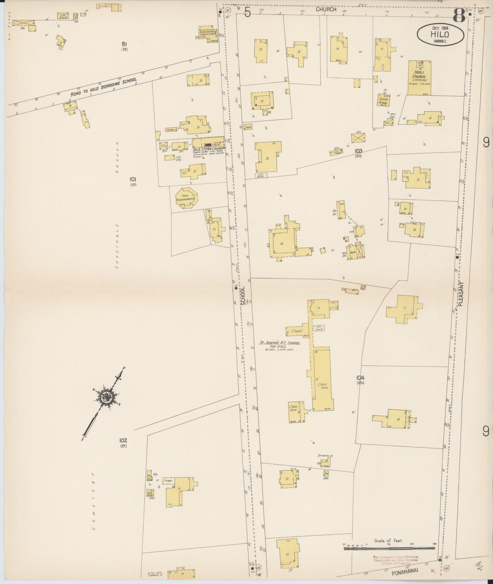 Sanborn Fire Insurance Map from Hilo, Hawaii County, Hawaii (1914), Sheet #0008 - Historic Sanborn Fire Insurance Map Print, vintage old map wall art