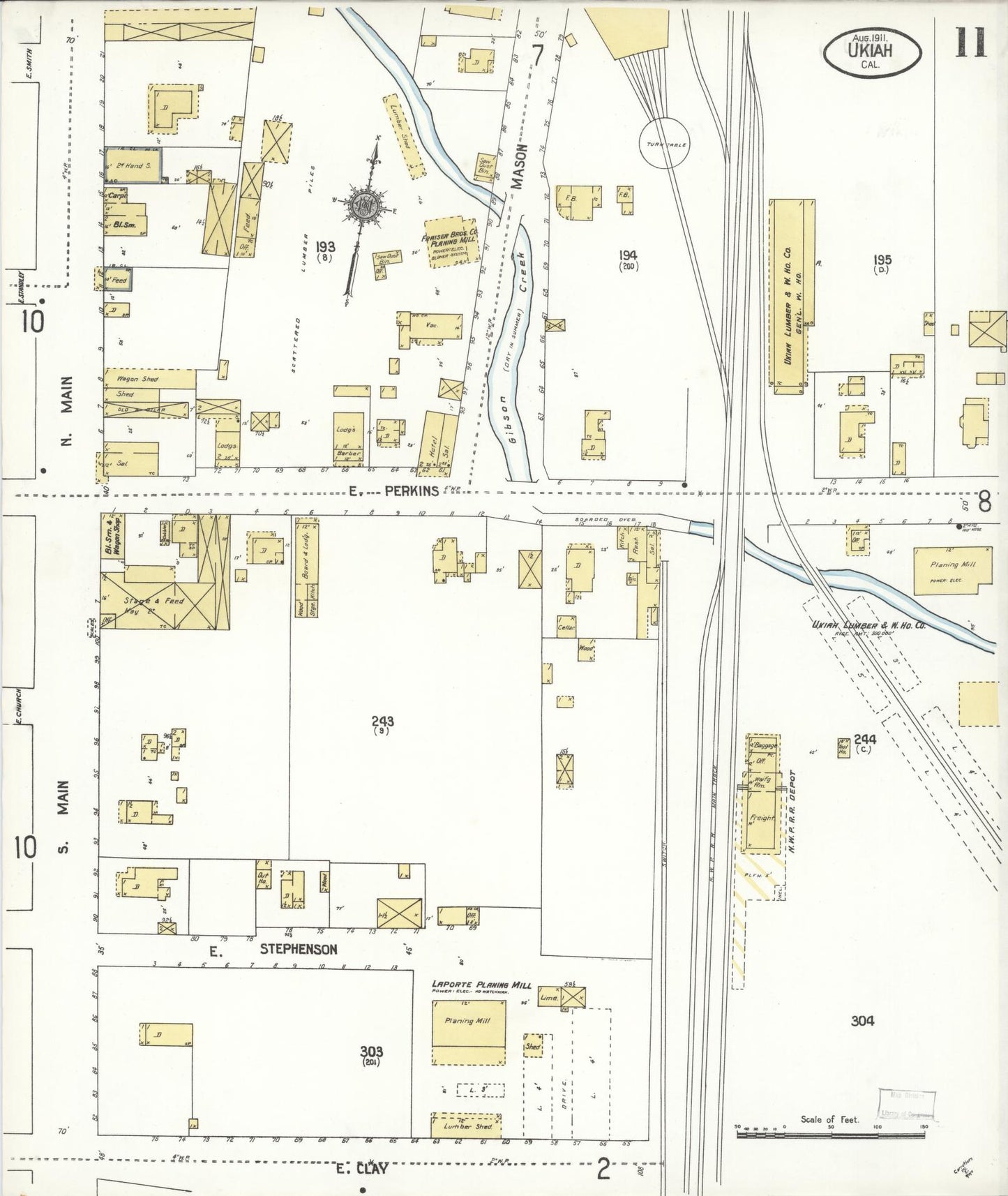 Sanborn Fire Insurance Map from Ukiah, Mendocino County, California (1911), Sheet #0011 - Complete Map Set gallery image, historic Sanborn map, vintage wall art, California California