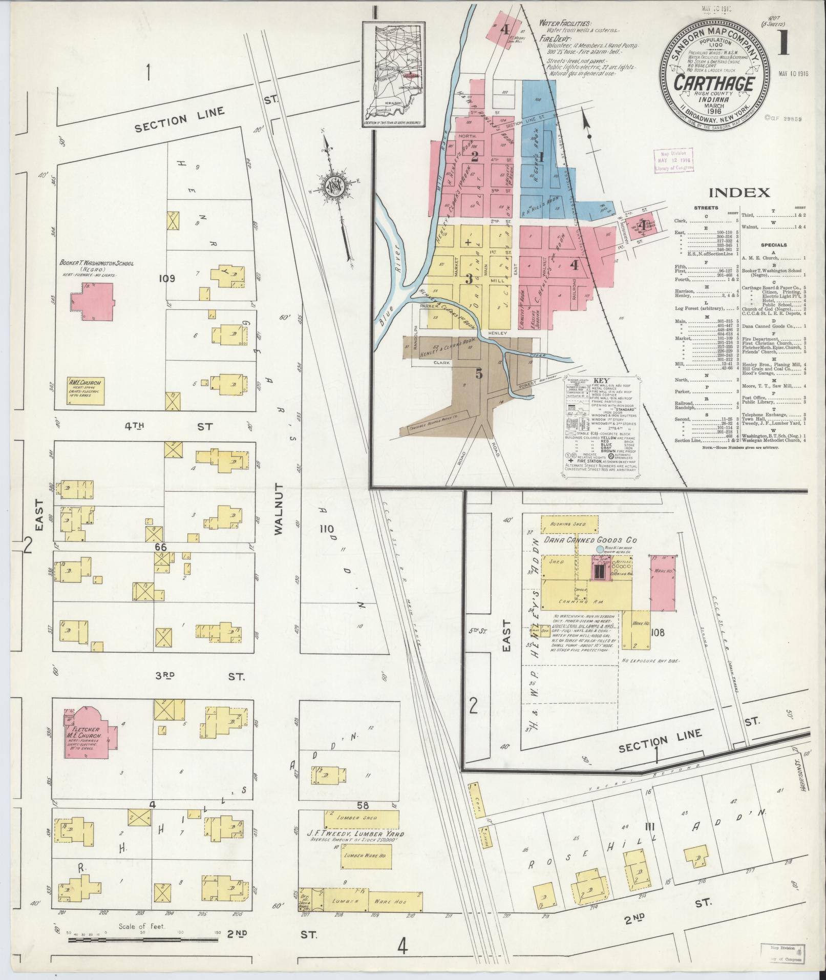Sanborn Fire Insurance Map from Carthage, Rush County, Indiana (1916), Sheet #0001 - Complete Map Set gallery image, historic Sanborn map, vintage wall art, Indiana Indiana