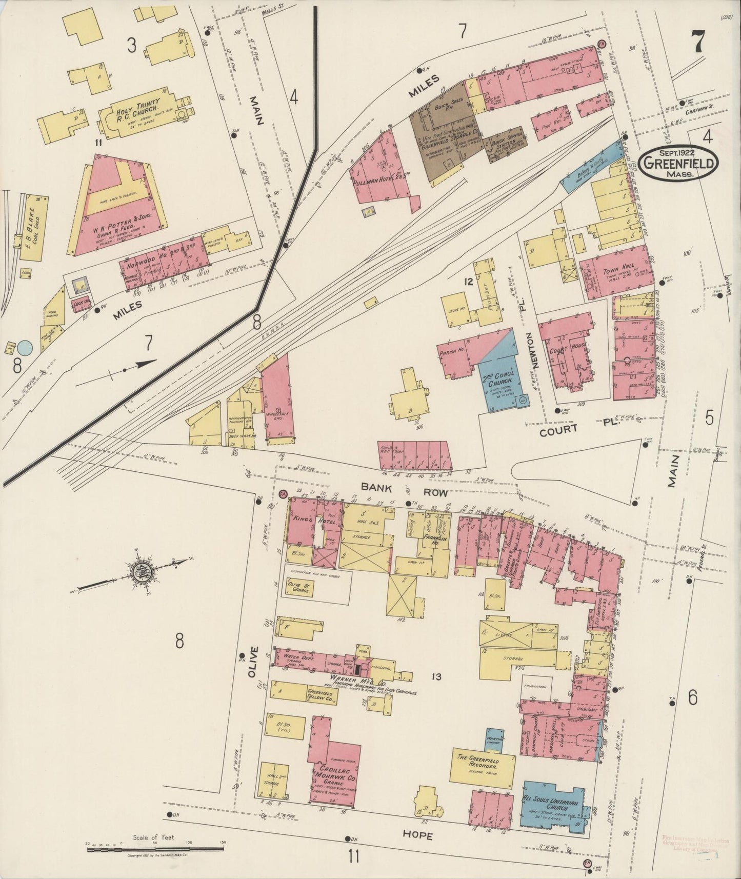 Sanborn Fire Insurance Map from Greenfield, Franklin County, Massachusetts (1922), Sheet #0007 - Historic Sanborn Fire Insurance Map Print, vintage old map wall art, antique decor, genealogy gift, Massachusetts Massachusetts map