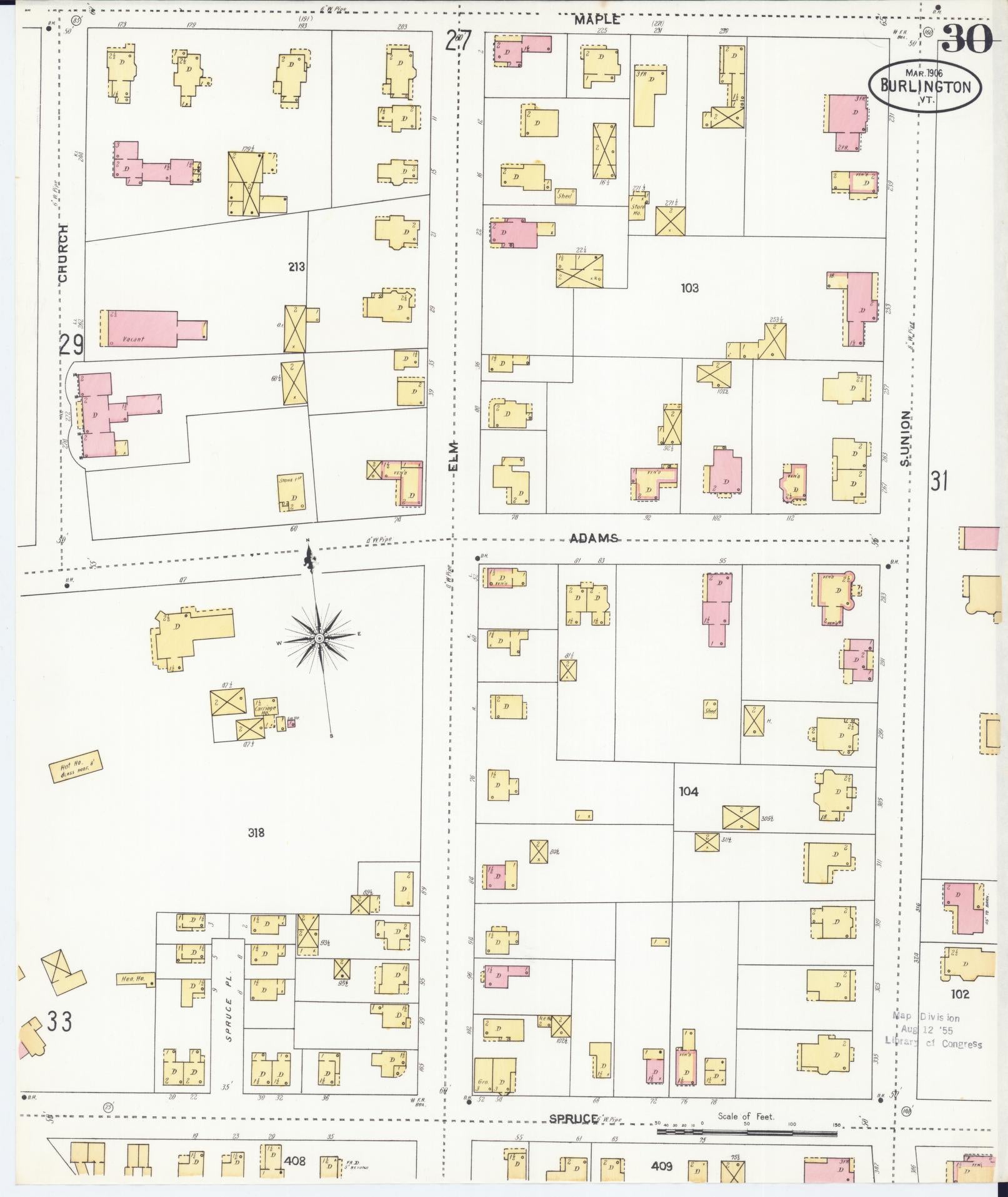 Sanborn Fire Insurance Map from Burlington, Chittenden County, Vermont (1906), Sheet #0030 - Historic Sanborn Fire Insurance Map Print, vintage old map wall art, antique decor, genealogy gift, Vermont Vermont map