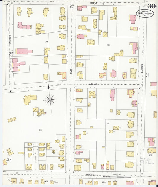 Sanborn Fire Insurance Map from Burlington, Chittenden County, Vermont (1906), Sheet #0030 - Historic Sanborn Fire Insurance Map Print, vintage old map wall art, antique decor, genealogy gift, Vermont Vermont map