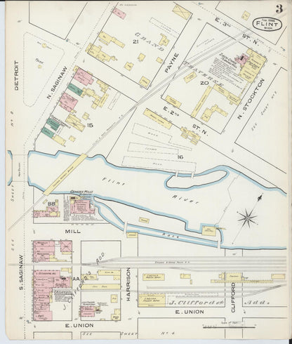 Sanborn Fire Insurance Map from Flint, Genesee County, Michigan (1886), Sheet #0003 - Complete Map Set gallery image, historic Sanborn map, vintage wall art, Michigan Michigan