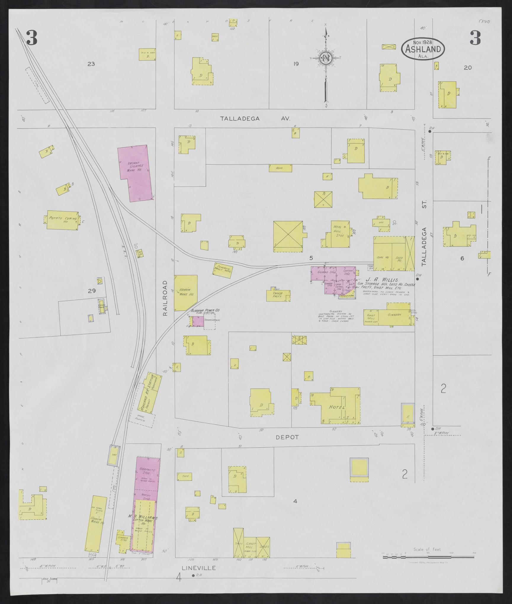 Sanborn Fire Insurance Map from Ashland, Clay County, Alabama (1928), Sheet #0003 - Complete Map Set gallery image, historic Sanborn map, vintage wall art, Alabama Alabama