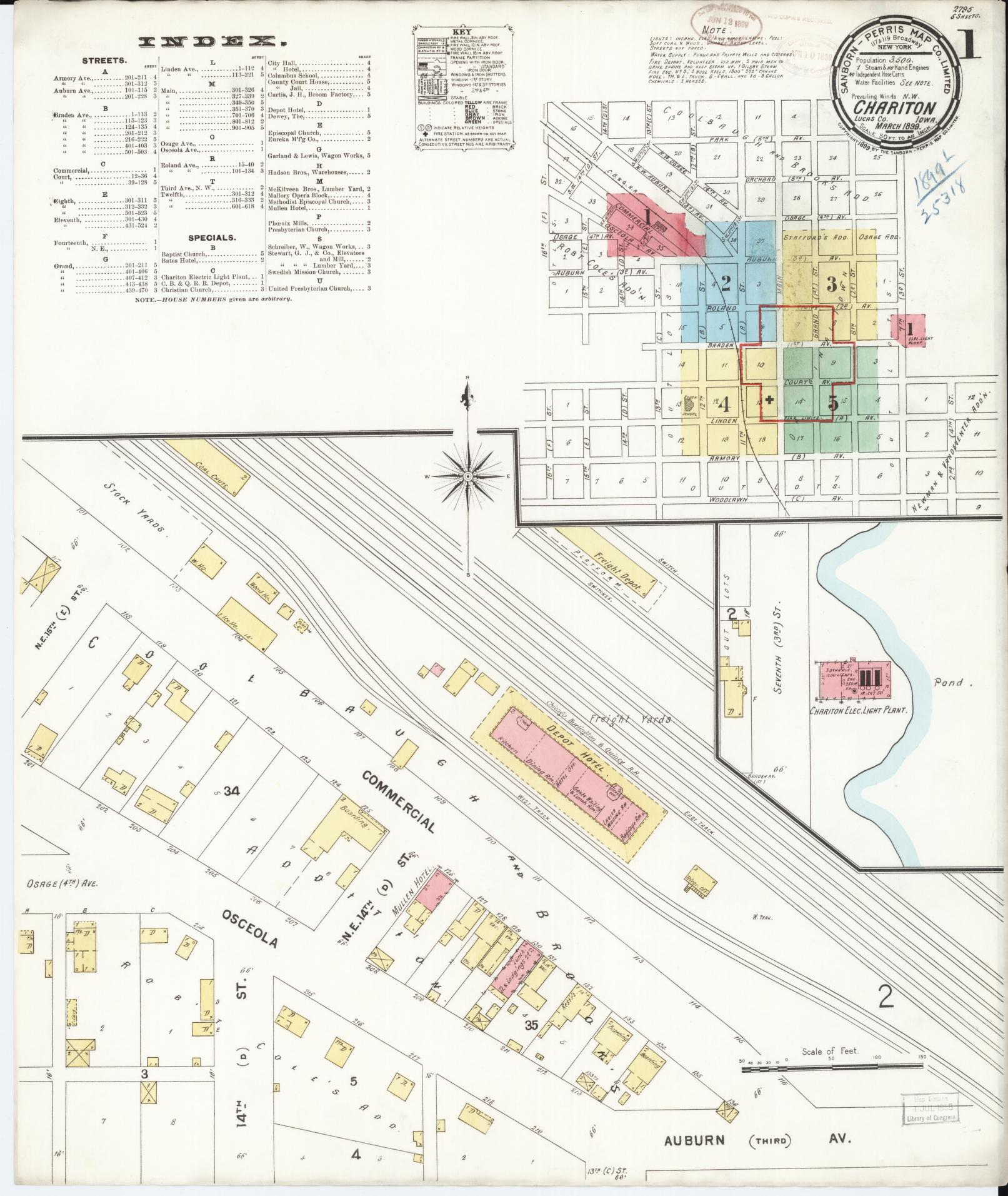 Sanborn Fire Insurance Map from Chariton, Lucas County, Iowa (1899), Sheet #0001 - Historic Sanborn Fire Insurance Map Print, vintage old map wall art
