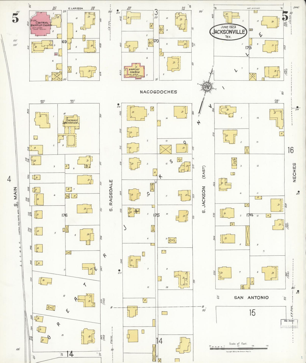 Sanborn Fire Insurance Map from Jacksonville, Cherokee County, Texas (1923), Sheet #0005 - Complete Map Set gallery image, historic Sanborn map, vintage wall art, Texas Texas