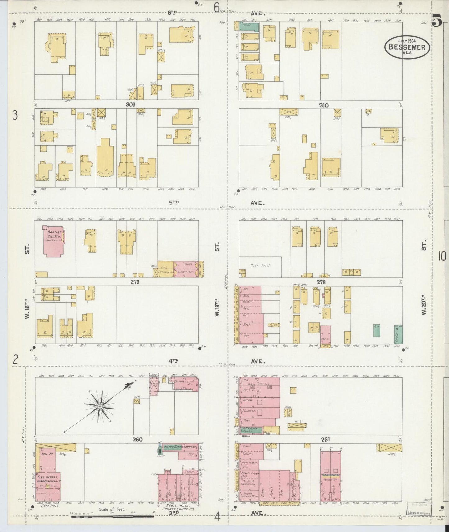 Sanborn Fire Insurance Map from Bessemer, Jefferson County, Alabama (1904), Sheet #0005 - Complete Map Set gallery image, historic Sanborn map, vintage wall art, Alabama Alabama