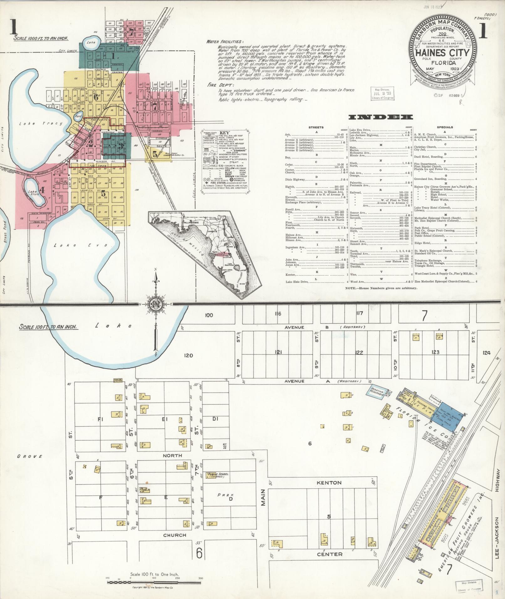 Sanborn Fire Insurance Map from Haines City, Polk County, Florida (1923), Sheet #0001 - Historic Sanborn Fire Insurance Map Print, vintage old map wall art, antique decor, genealogy gift, Florida Florida map