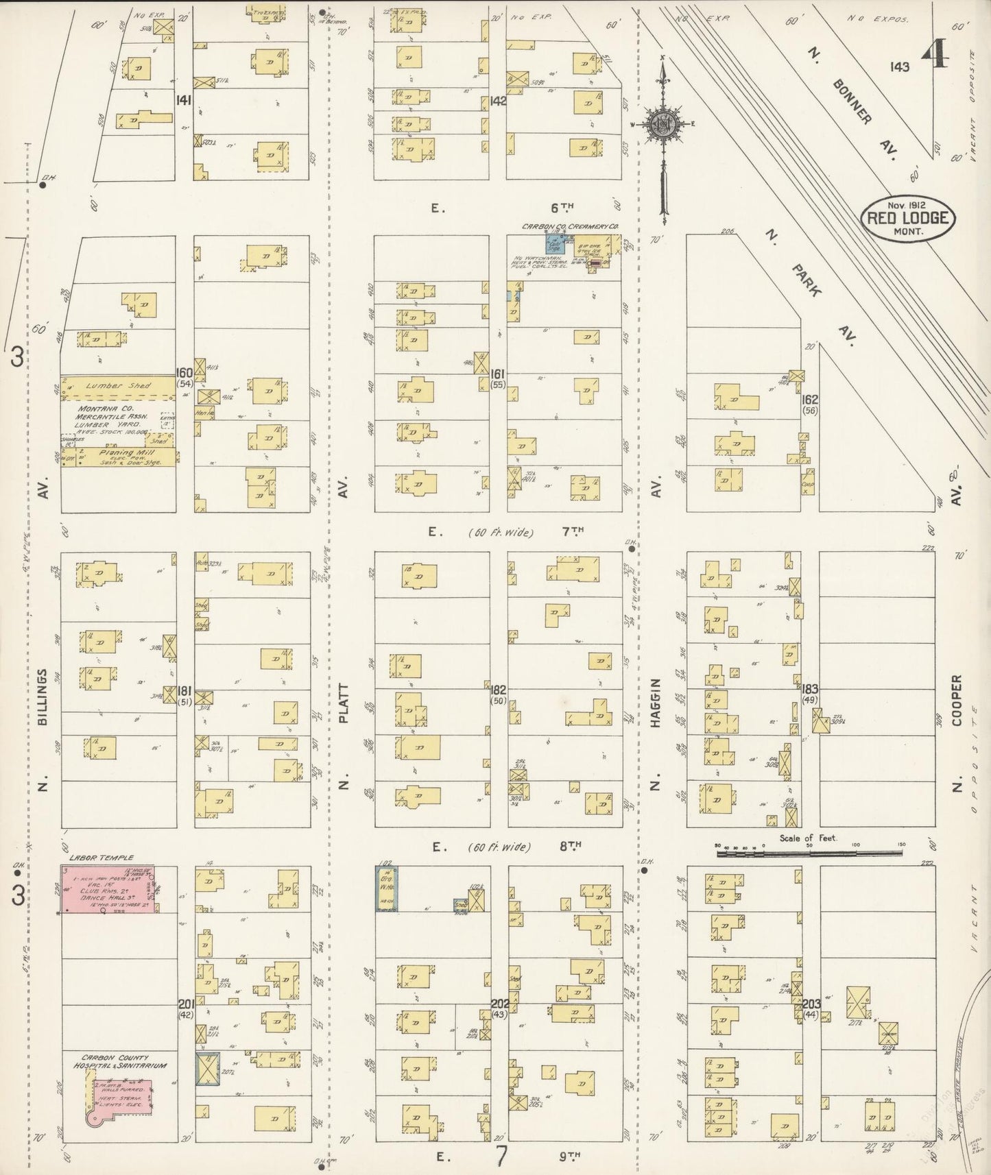 Sanborn Fire Insurance Map from Red Lodge, Carbon County, Montana (1912), Sheet #0004 - Historic Sanborn Fire Insurance Map Print, vintage old map wall art, antique decor, genealogy gift, Montana Montana map
