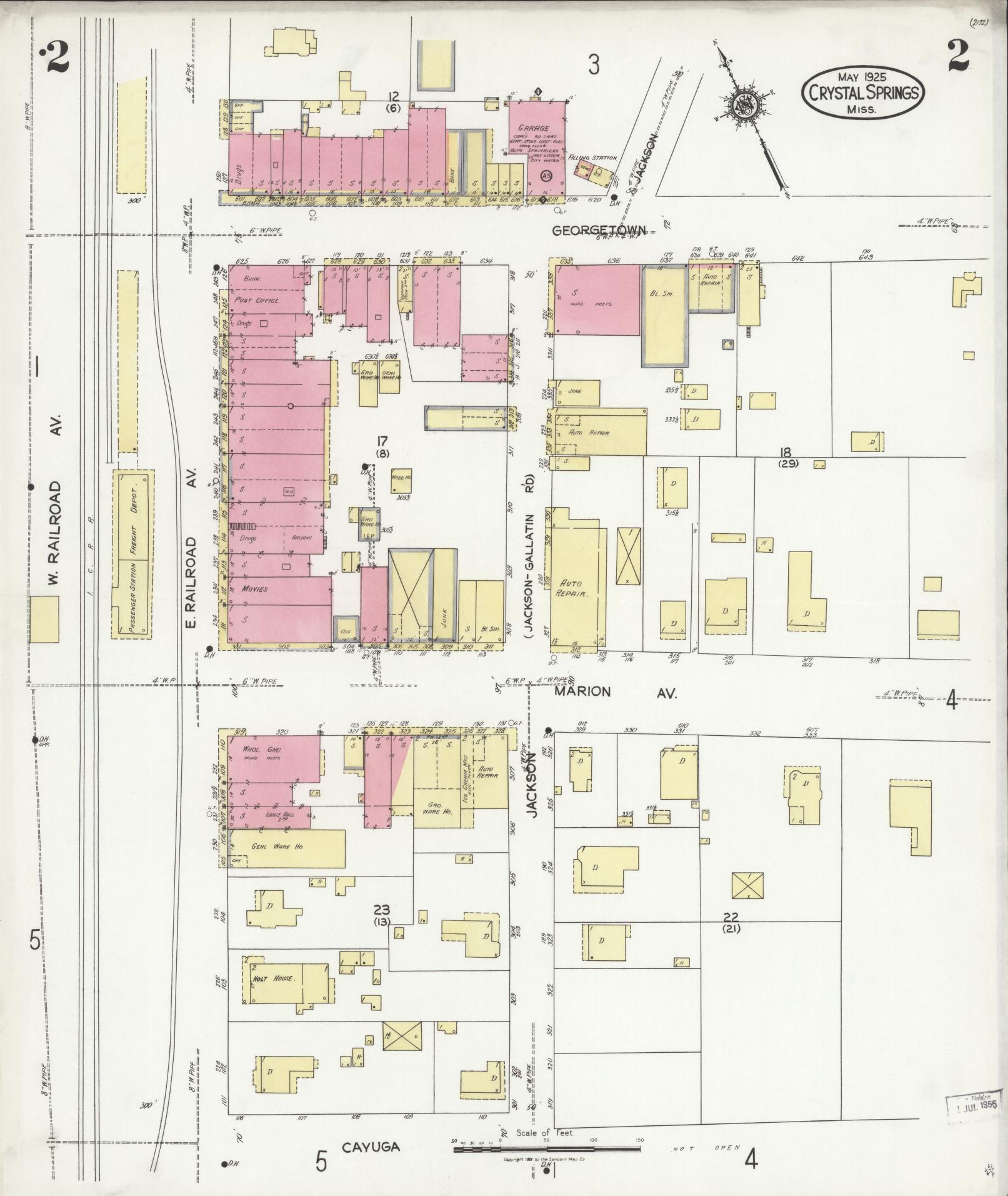Sanborn Fire Insurance Map from Crystal Springs, Copiah County, Mississippi (1925), Sheet #0002 - Complete Map Set gallery image, historic Sanborn map, vintage wall art, Mississippi Mississippi