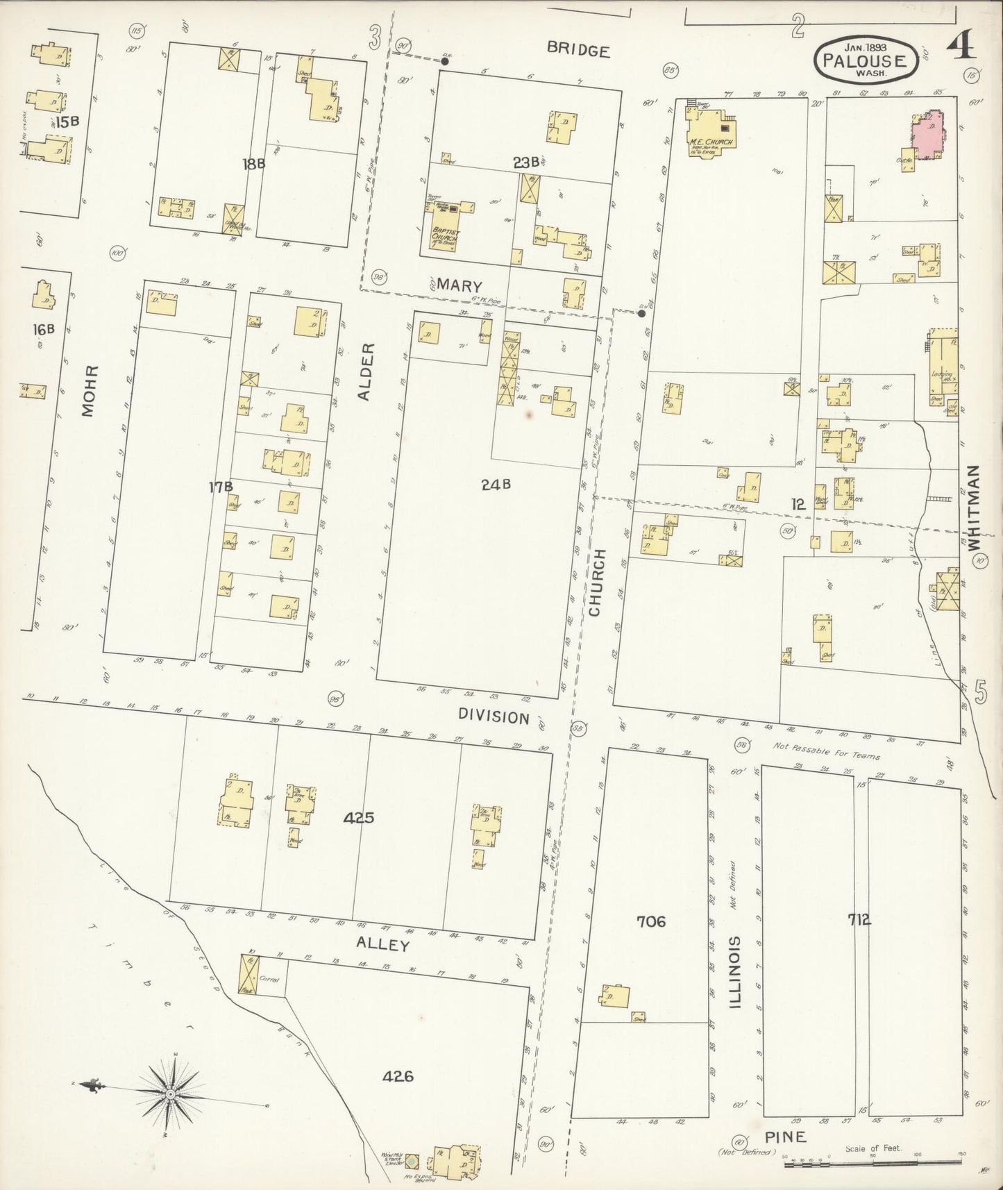 Sanborn Fire Insurance Map from Palouse City, Whitman County, Washington (1893), Sheet #0004 - Complete Map Set gallery image, historic Sanborn map, vintage wall art, Washington Washington
