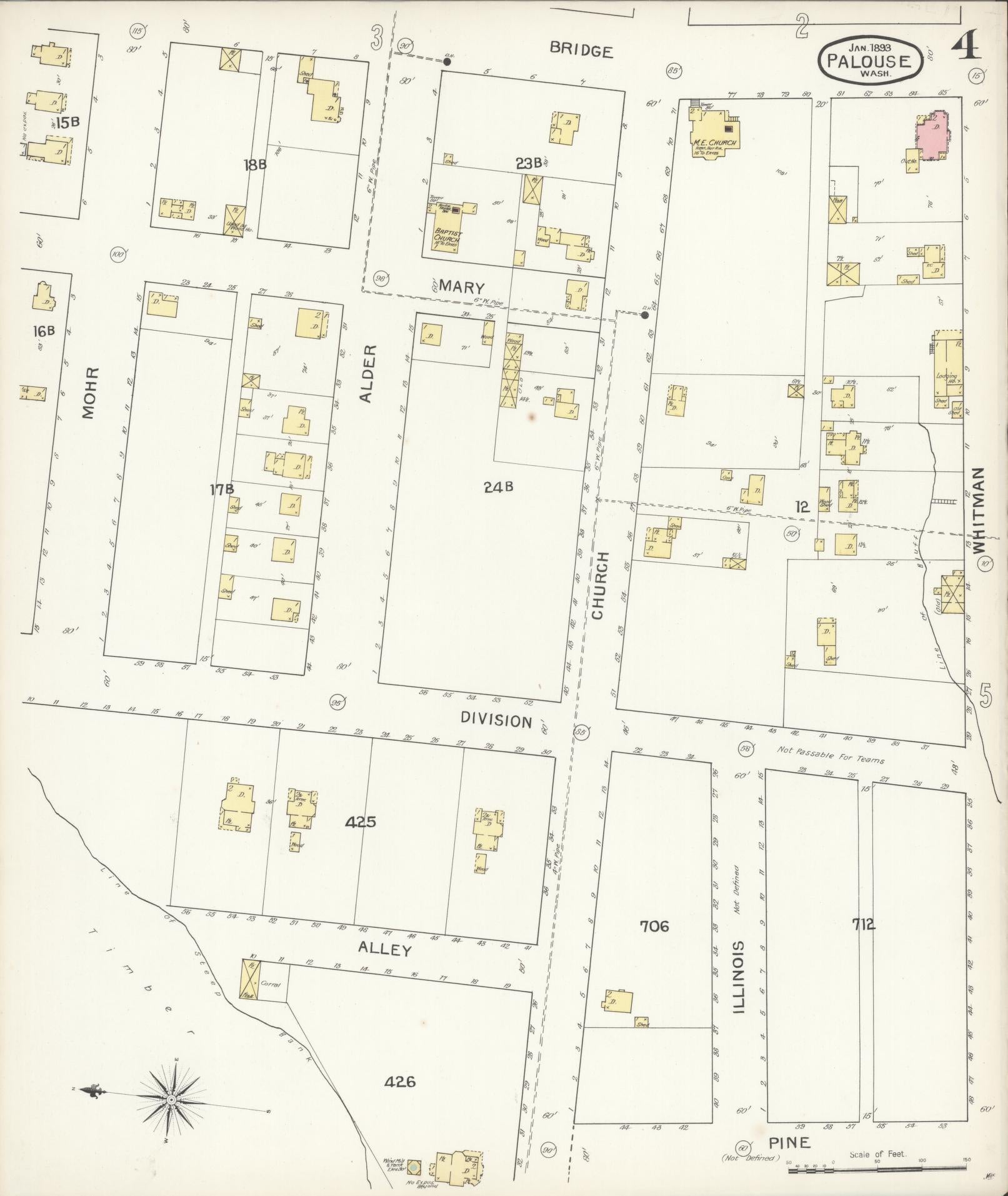 Sanborn Fire Insurance Map from Palouse City, Whitman County, Washington (1893), Sheet #0004 - Complete Map Set gallery image, historic Sanborn map, vintage wall art, Washington Washington