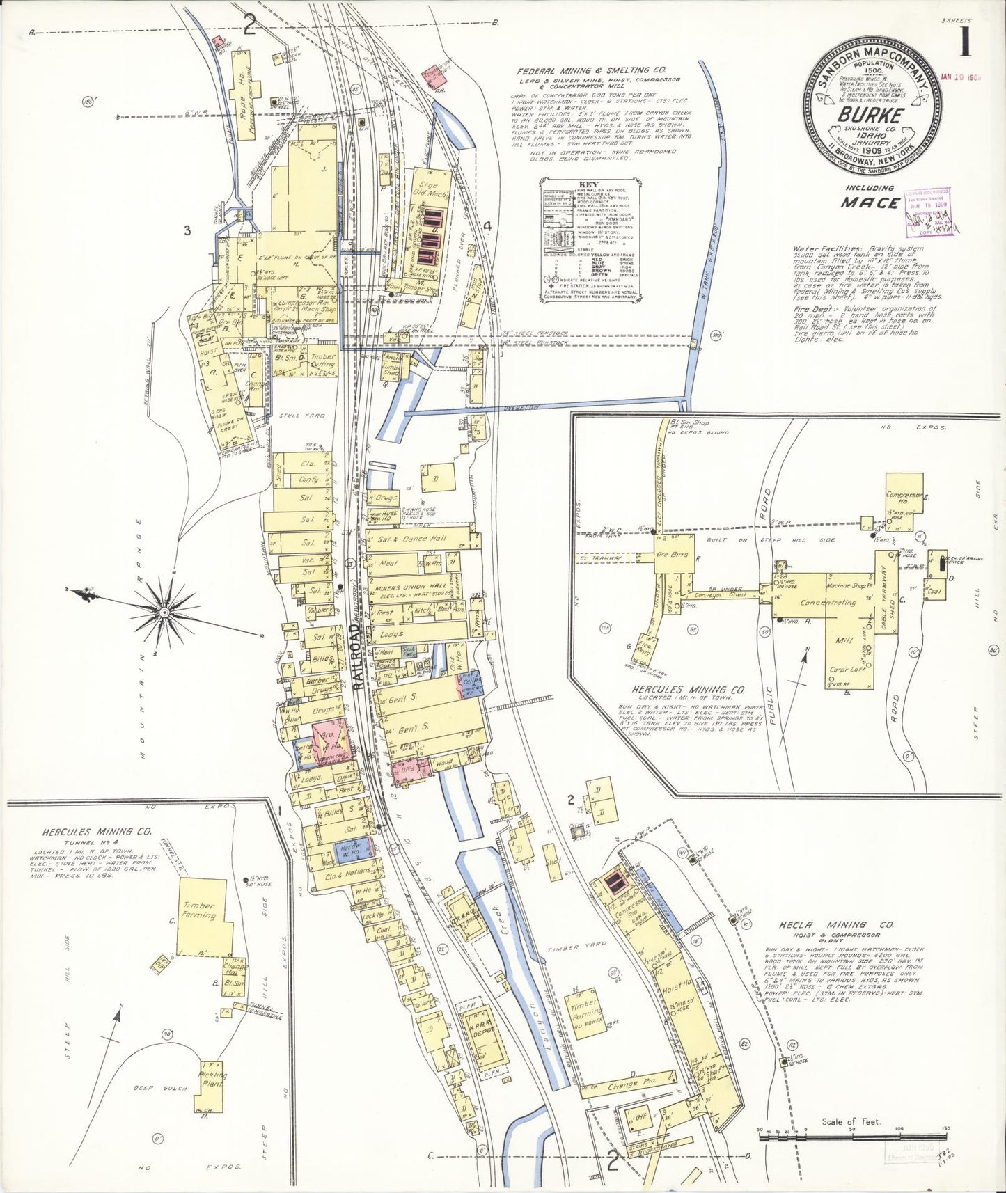 Sanborn Fire Insurance Map from Burke, Shoshone County, Idaho (1909), Sheet #0001 - Historic Sanborn Fire Insurance Map Print, vintage old map wall art, antique decor, genealogy gift, Idaho Idaho map