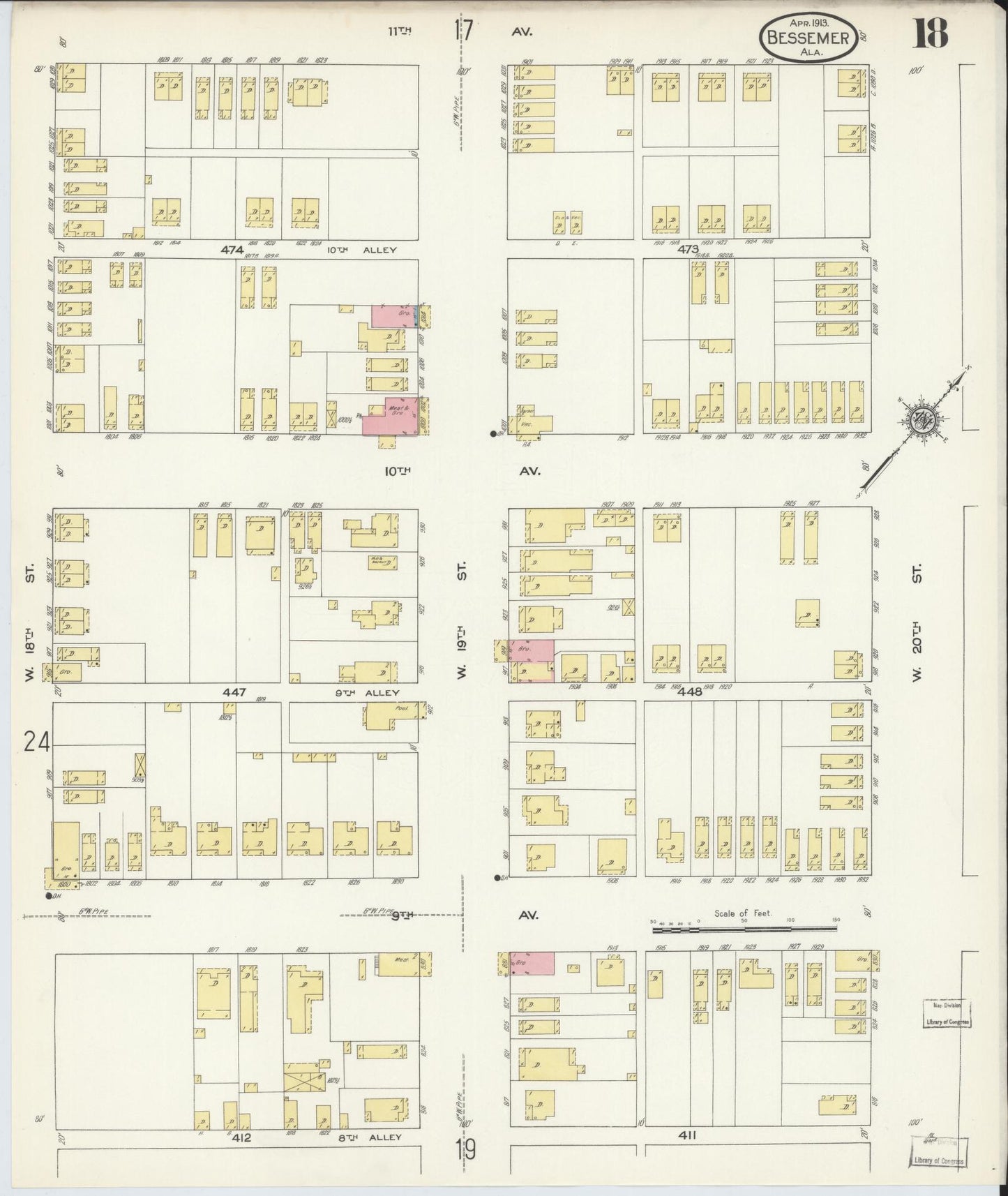 Sanborn Fire Insurance Map from Bessemer, Jefferson County, Alabama (1913), Sheet #0018 - Complete Map Set gallery image, historic Sanborn map, vintage wall art, Alabama Alabama