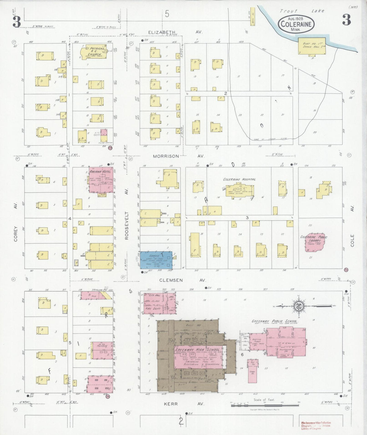 Sanborn Fire Insurance Map from Coleraine, Itasca County, Minnesota (1928), Sheet #0003 - Complete Map Set gallery image, historic Sanborn map, vintage wall art, Minnesota Minnesota