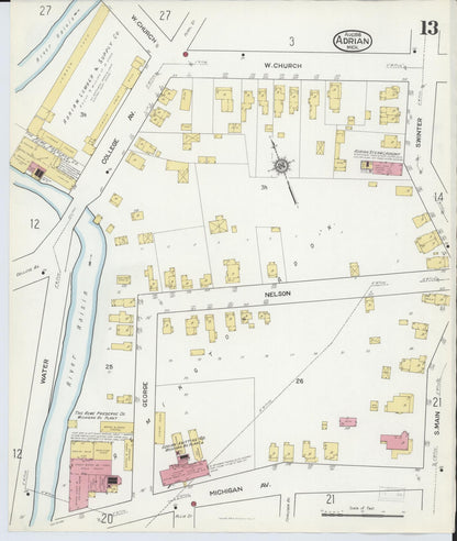 Sanborn Fire Insurance Map from Adrian, Lenawee County, Michigan (1916), Sheet #0013 - Historic Sanborn Fire Insurance Map Print, vintage old map wall art, antique decor, genealogy gift, Michigan Michigan map