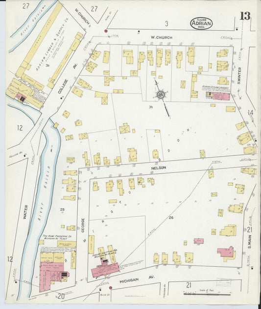 Sanborn Fire Insurance Map from Adrian, Lenawee County, Michigan (1916), Sheet #0013 - Historic Sanborn Fire Insurance Map Print, vintage old map wall art, antique decor, genealogy gift, Michigan Michigan map