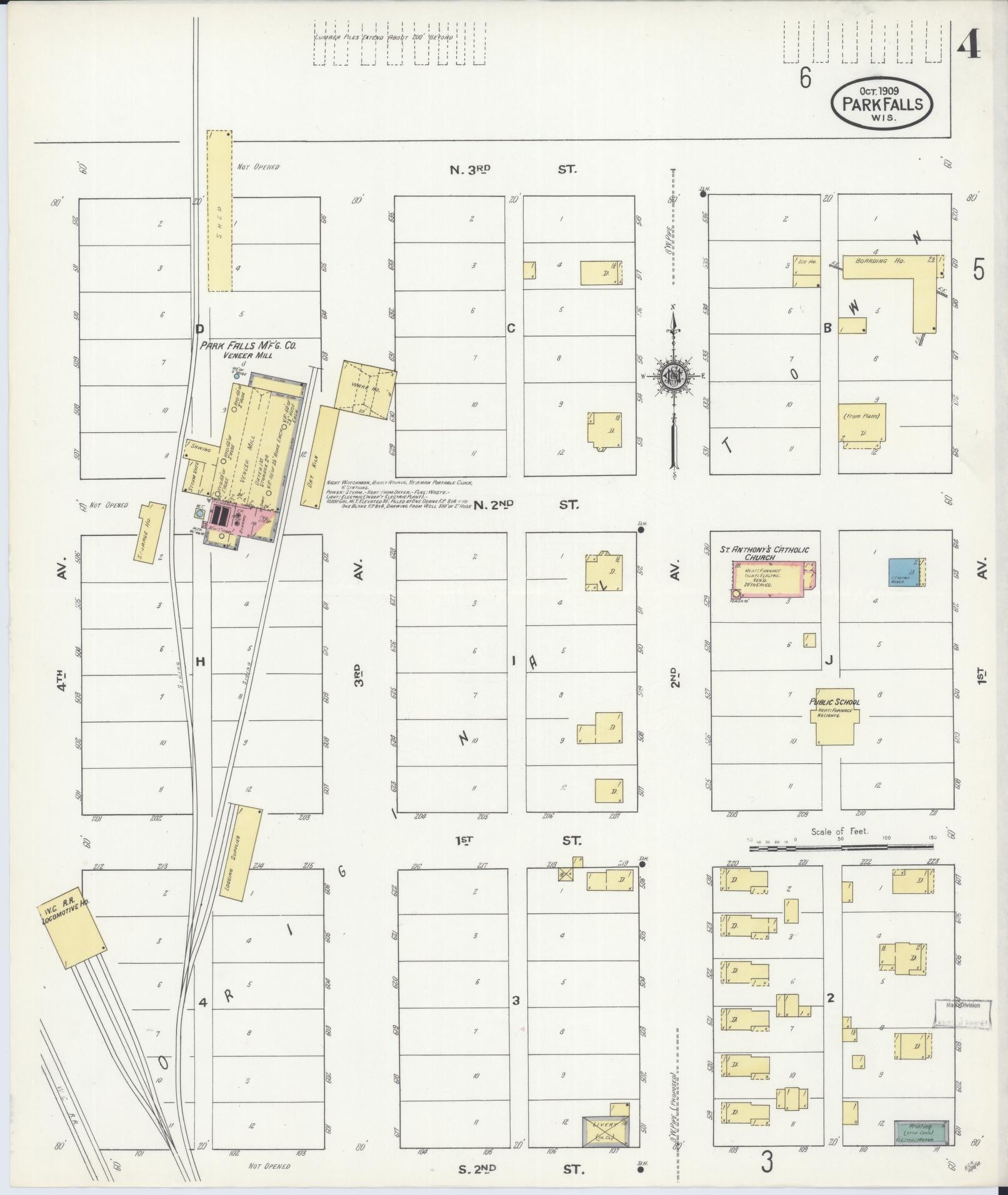 Sanborn Fire Insurance Map from Park Falls, Price County, Wisconsin (1909), Sheet #0004 - Historic Sanborn Fire Insurance Map Print, vintage old map wall art, antique decor, genealogy gift, Wisconsin Wisconsin map