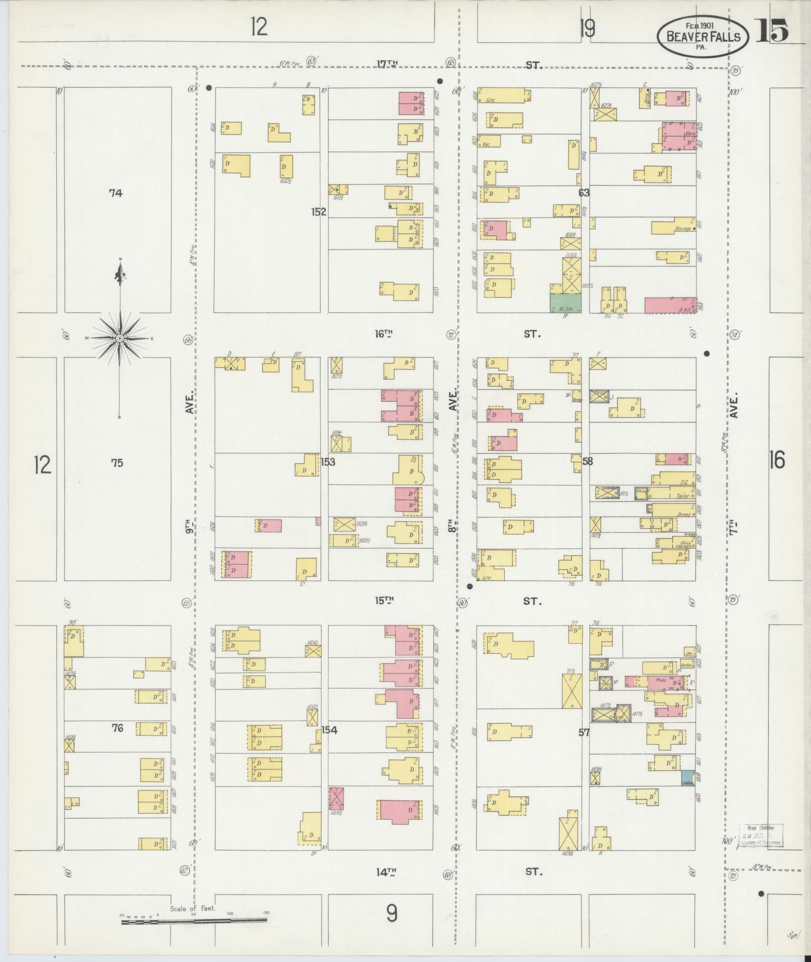Sanborn Fire Insurance Map from Beaver Falls, Beaver County, Pennsylvania (1901), Sheet #0015 - Historic Sanborn Fire Insurance Map Print, vintage old map wall art, antique decor, genealogy gift, Pennsylvania Pennsylvania map