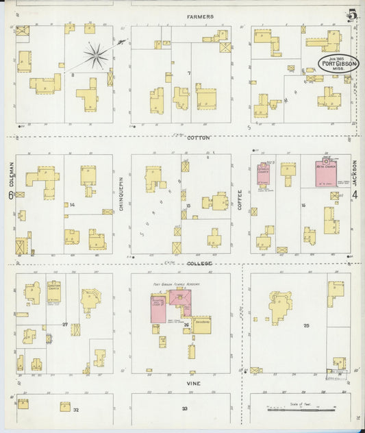 Sanborn Fire Insurance Map from Port Gibson, Claiborne County, Mississippi (1905), Sheet #0005 - Historic Sanborn Fire Insurance Map Print, vintage old map wall art, antique decor, genealogy gift, Mississippi Mississippi map
