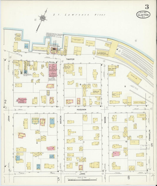 Sanborn Fire Insurance Map from Clayton, Jefferson County, New York (1912), Sheet #0003 - Historic Sanborn Fire Insurance Map Print, vintage old map wall art, antique decor, genealogy gift, New York New York map