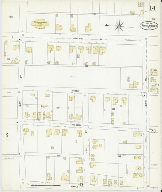 Sanborn Fire Insurance Map from Winston-Salem, Forsyth County, North Carolina (1907), Sheet #0014 - Historic Sanborn Fire Insurance Map Print, vintage old map wall art, antique decor, genealogy gift, North Carolina North Carolina map