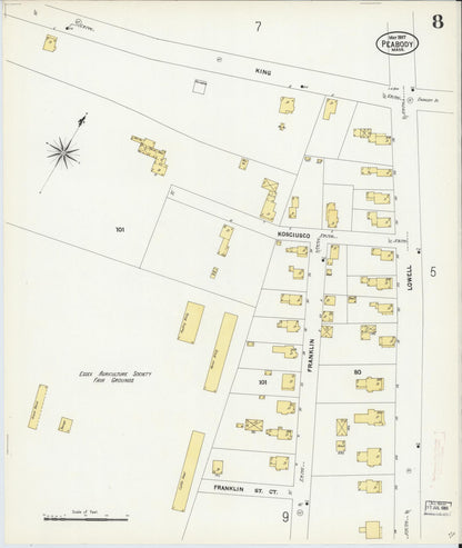 Sanborn Fire Insurance Map from Peabody, Essex County, Massachusetts (1907), Sheet #0008 - Historic Sanborn Fire Insurance Map Print, vintage old map wall art, antique decor, genealogy gift, Massachusetts Massachusetts map