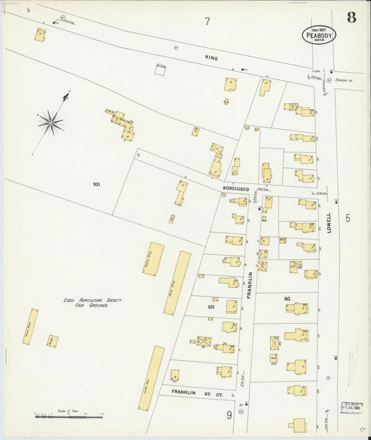 Sanborn Fire Insurance Map from Peabody, Essex County, Massachusetts (1907), Sheet #0008 - Historic Sanborn Fire Insurance Map Print, vintage old map wall art, antique decor, genealogy gift, Massachusetts Massachusetts map